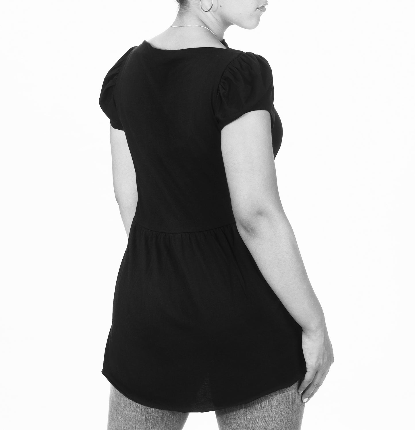 black cotton modal cap sleeve babydoll tee back view on model