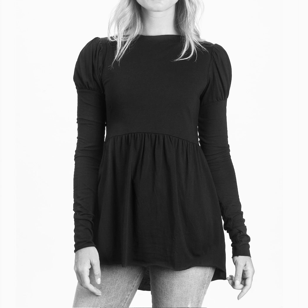 black cotton modal puff shoulder long sleeve babydoll tee on model