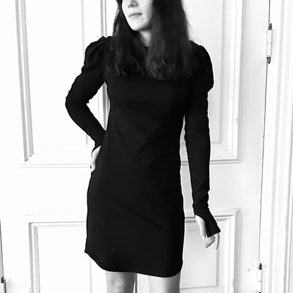 La Fae Long-Sleeved Black Cotton Spandex Fitted Mini Dress With Puff Shoulders