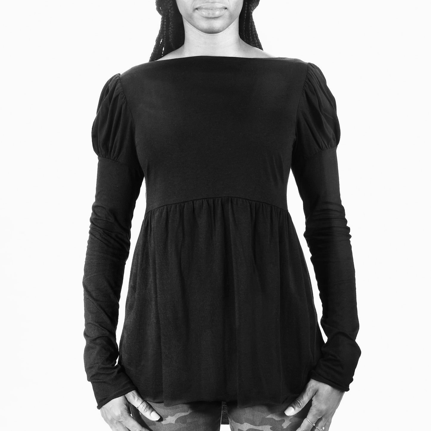 Victorian Black Cotton Modal Puff Shoulder Long Sleeve Babydoll Tee