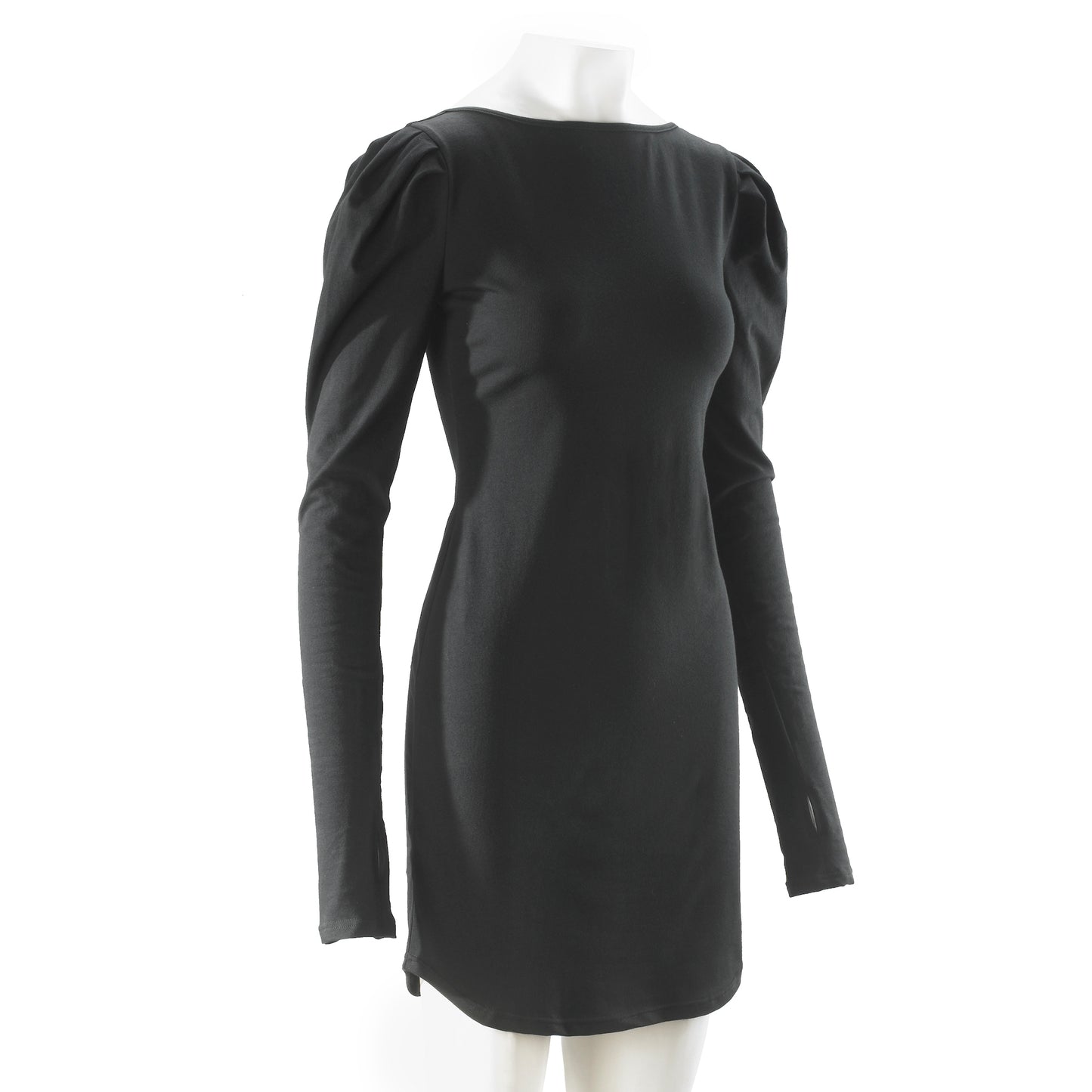 black cotton spandex puff shoulder long sleeve mini dress front angle