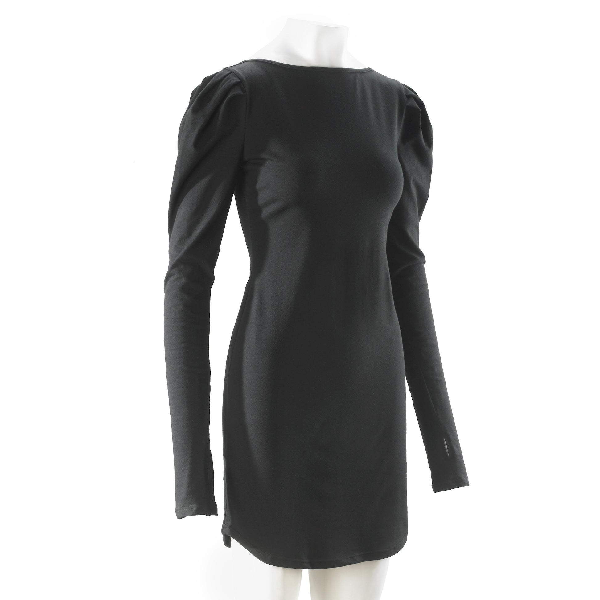 black cotton spandex puff shoulder long sleeve mini dress front angle