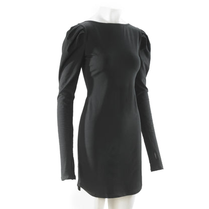 black cotton spandex puff shoulder long sleeve mini dress front angle