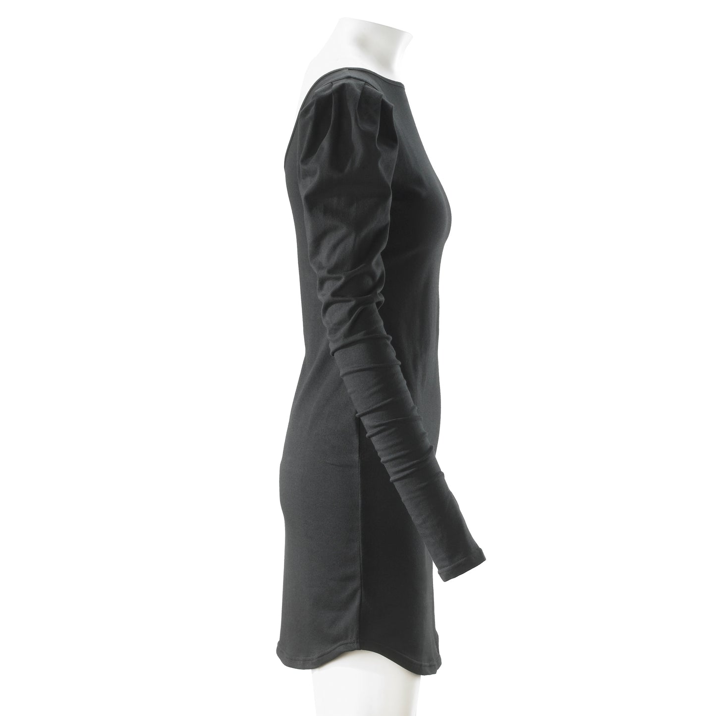 black cotton spandex puff shoulder long sleeve mini dress side