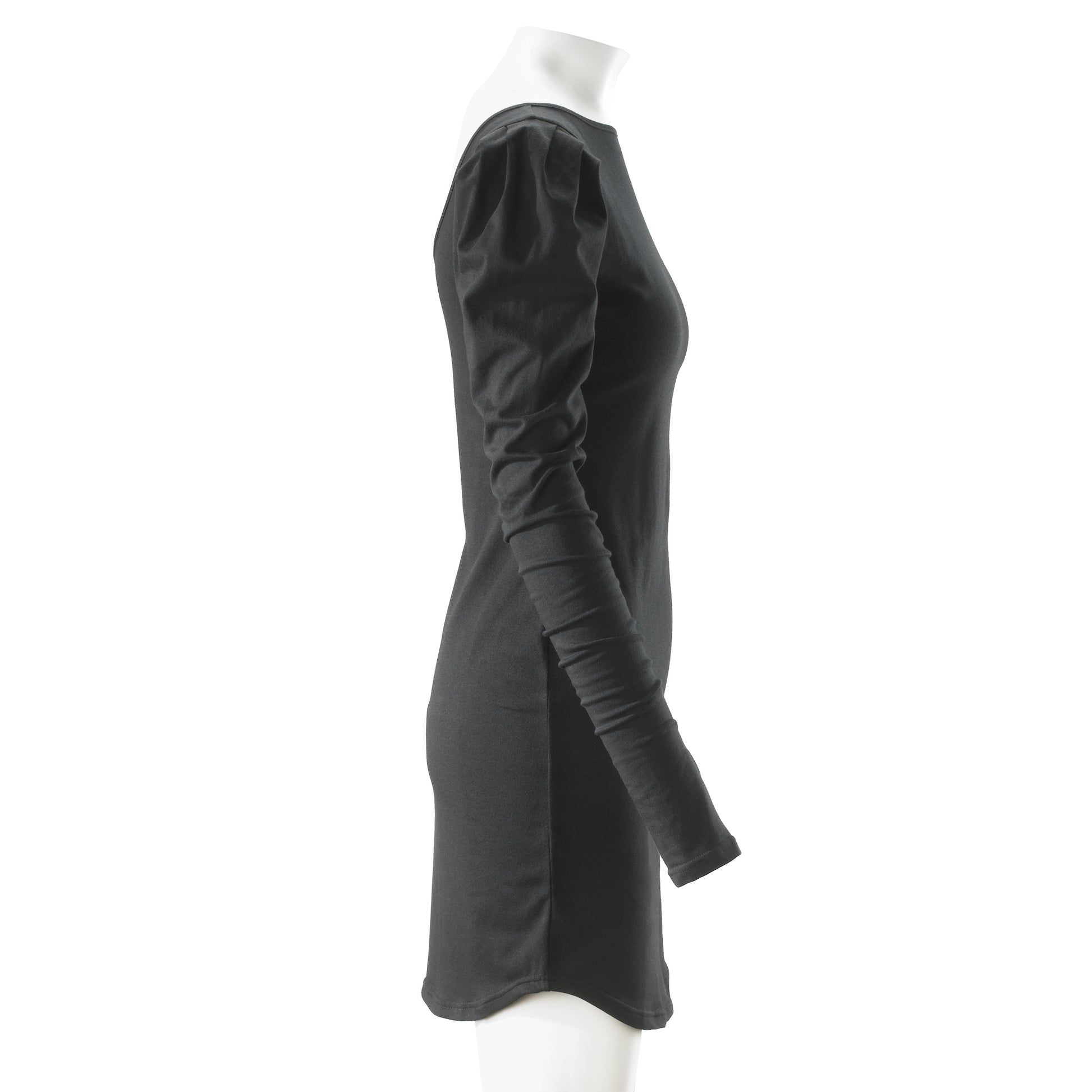 black cotton spandex puff shoulder long sleeve mini dress side