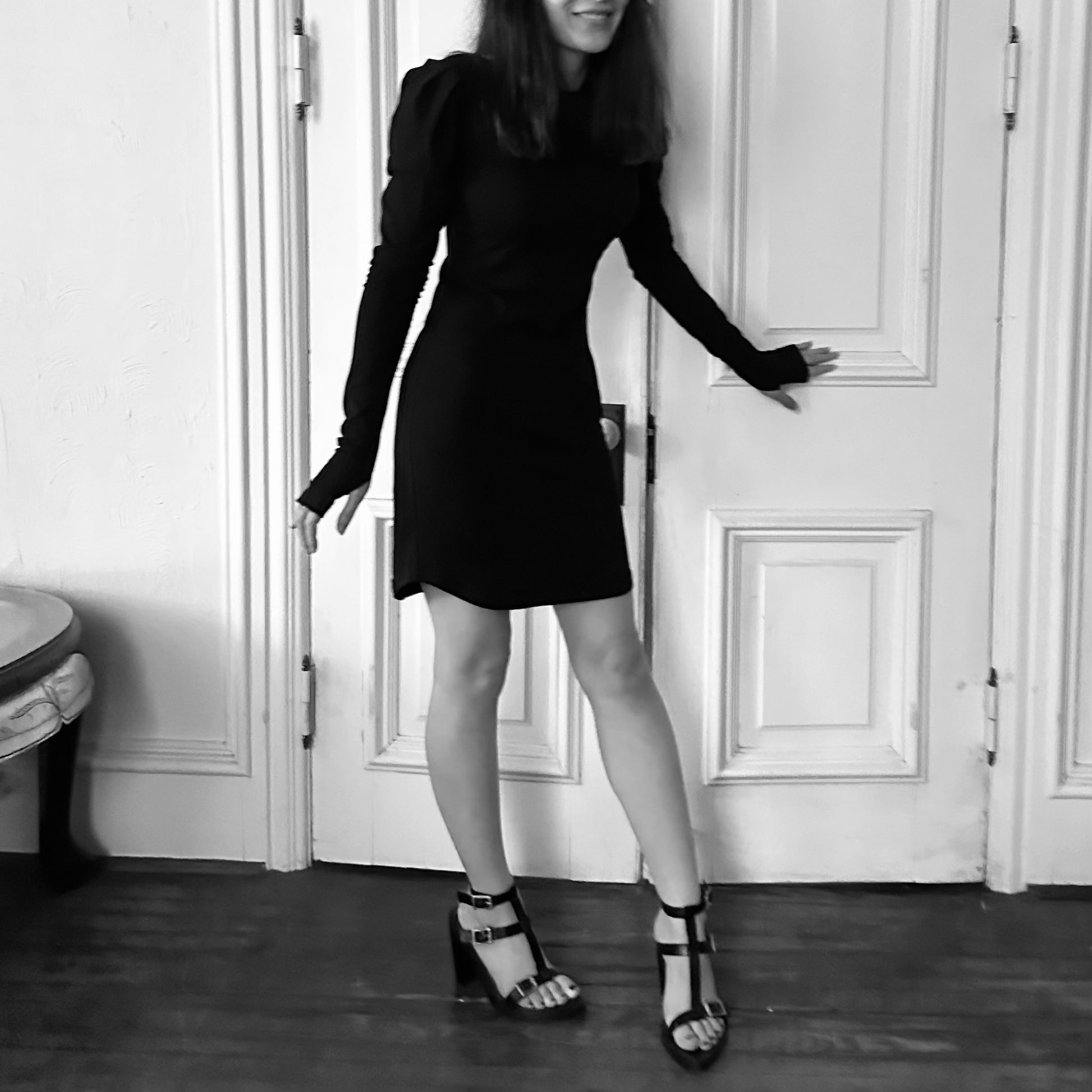 Black Long-Sleeved Cotton Fitted Mini Dress Puff Shoulders Thumbholes Midnight All Year Black Long-Sleeved Cotton Fitted Mini Dress Puff Shoulders Thumbholes Midnight All Year