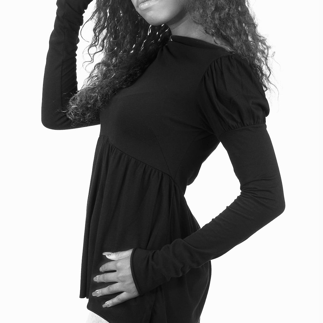 Victorian Black Cotton Puff Shoulder Long Sleeve Babydoll Women's Tee S