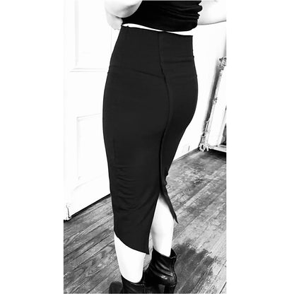 Pencilvania Black Cotton Spandex Pencil Skirt With Open Back Slit Detail