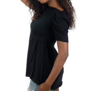 Extended puff short sleeve black cotton modal babydoll tee