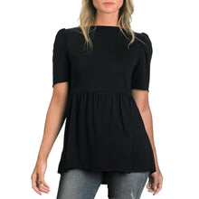 Load image into Gallery viewer, Extended puff short sleeve black cotton modal babydoll tee

