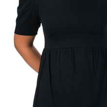 Load image into Gallery viewer, Close up detail of extended short sleeve length and part of waist in cotton modal black babydoll tee.

